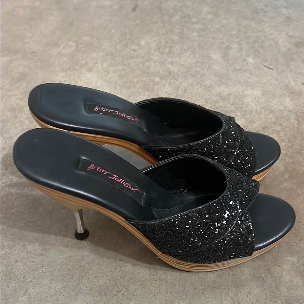 Betsey Johnson Black Glitter Open-Toe Platform Mule Heels